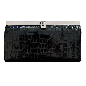 Black Patent Faux Leather Boxed Framed Wallet 7.5”x 4” Croc Embossed